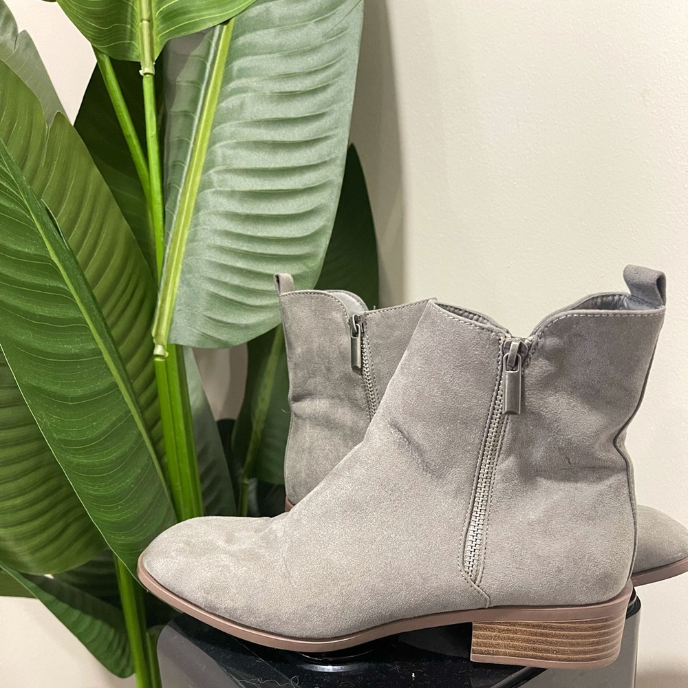 Light gray faux suede ankle booties with zipper detail